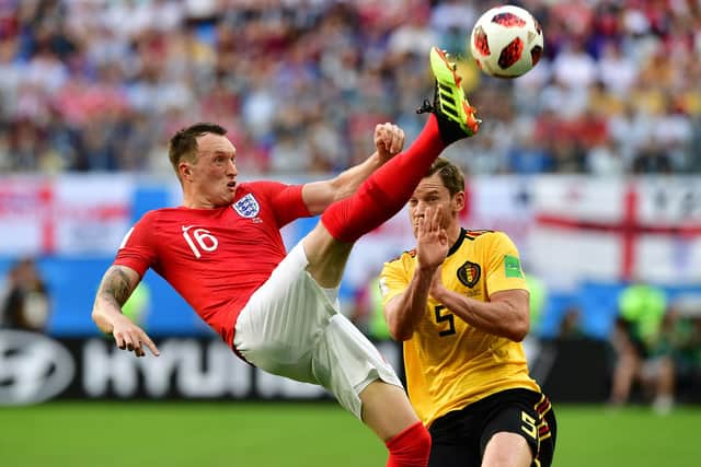 Phil Jones in action for England (Photo credit should read GIUSEPPE CACACE/AFP via Getty Images)