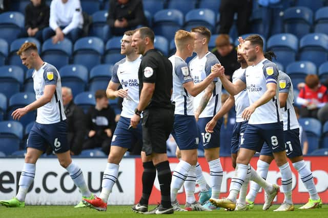 Preston North End's Alan Browne is congratulated on scoring his team’s opening goal against Midlesbrough