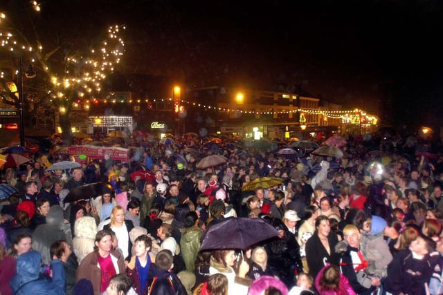 A wet and rainy evening for this Christmas lights switch-on at Preston's Flag Market in 2003