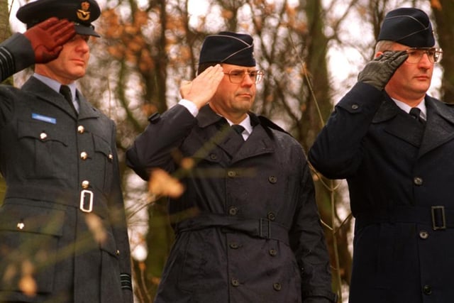 The 1997 remembrance service where from left Wing Comander Peter Hereford from RAF Cranwell, Col Tom Sheridan, Lt Col Denis Metzer both from USAF