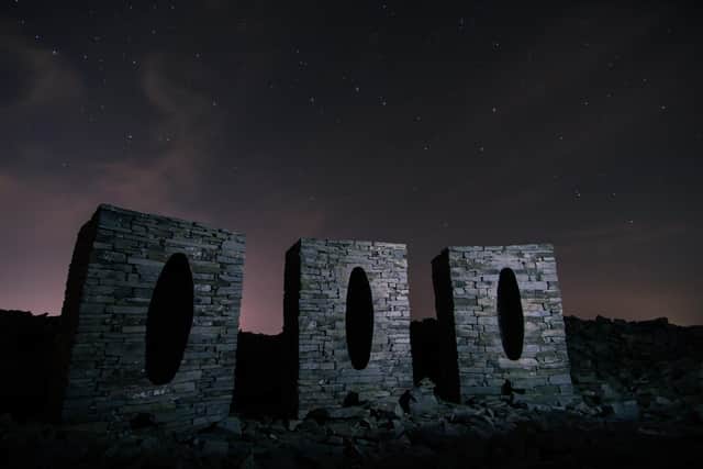 This photograph of dramatic starry skies above Andy Goldsworthy's sculpture on Clougha Pike was taken by Chris Jones and appears in the Steward's Gallery exhibition.