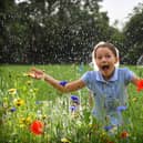 Barnacre Road Primary School wild flower garden - Isla gets caught in a downpour
