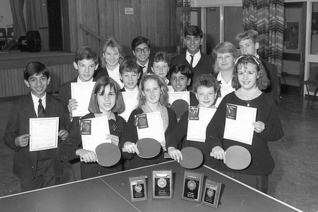 Tulketh High School, Preston, enjoyed plenty of success at the Lancashire Schools Table Tennis Championships held at Clayton Green Sports Centre in 1987. The under 13s and under 16s girls teams managed to qualify for the Northern Area Final next January. The participating pupils are pictured