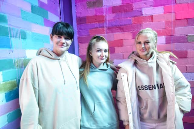 Millie B and Sophie Aspin talk to youngsters at Skool of Street about how to stay safe online. Pictured is Sam Bell Docherty with Millie B and Sophie Aspin.