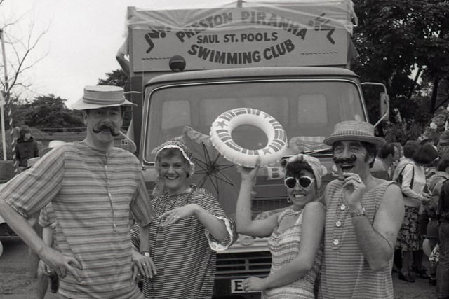 Fears that the fifth annual Penwortham Gala would be a wash-out were dispelled when crowds turned out in their thousands, despite heavy rain. This group were representing Preston Pirhana Swimming Club