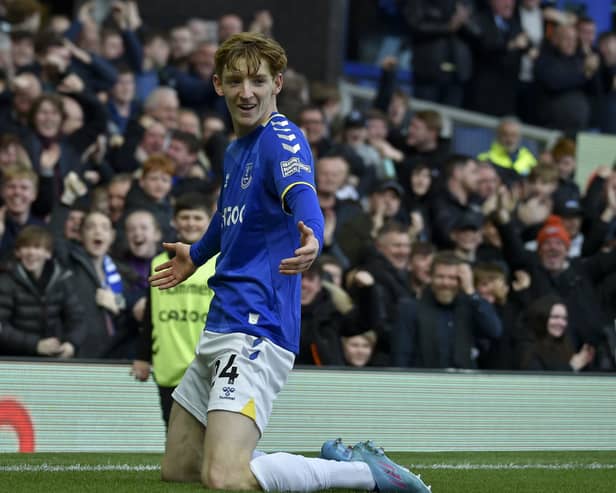 Everton's Anthony Gordon celebrates after scoring.