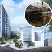 How the new "PR1" development will look and, inset, the first steps towards clearing the Avenham Street car park on which it will be built (image: David Cox Architects/National World [inset])