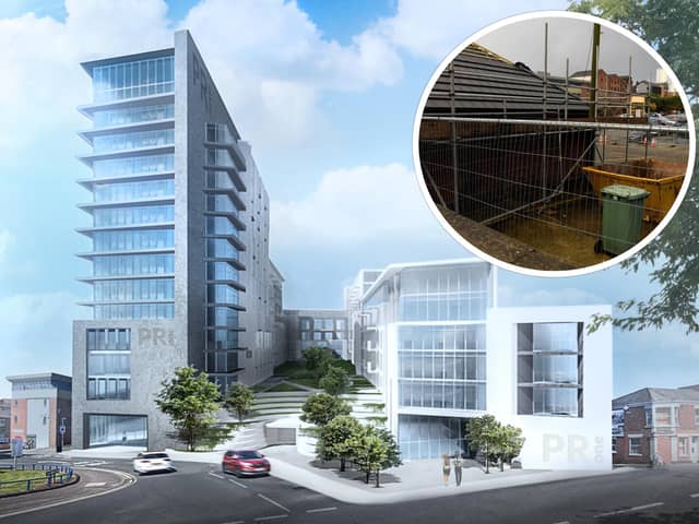 How the new "PR1" development will look and, inset, the first steps towards clearing the Avenham Street car park on which it will be built (image: David Cox Architects/National World [inset])