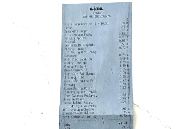 The Lidl receipt from May 24, 2023.
The cost of bags has been deducted and the price of unavailable eggs (£1.29) has been added to the total.