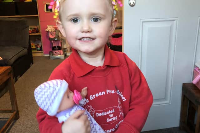 Beth Pugh, 37, who lost her three-year-old daughter Lily-Mai (picured) in July 2020 to Plueropulmonary Blastoma Type 3 – a very rare and aggressive malignant cancerous tumour of the lungs, will be covering 100km from Skipton to Adlington, on Saturday, September 9, to mark Childhood Cancer Awareness Month