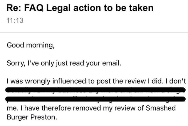 The 'reviewer' later apologised and deleted the offending post about Smashed Preston, saying they'd been 'wrongly influenced'