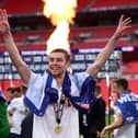 Paul Huntington celebrates Preston North End's play-off final victory at Wembley in May 2015