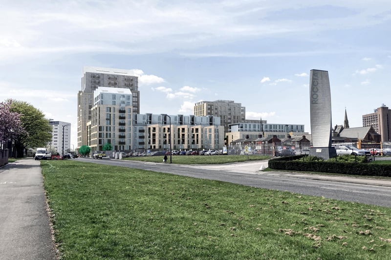 A view of how the development will appear from the Queens Retail Park, set against other tall buildings in the vicinity