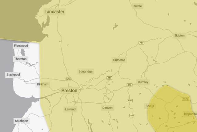 The Met Office map showing the extent of the yellow weather warning in place from 5pm Sunday until 12noon Monday (image: Met Office)