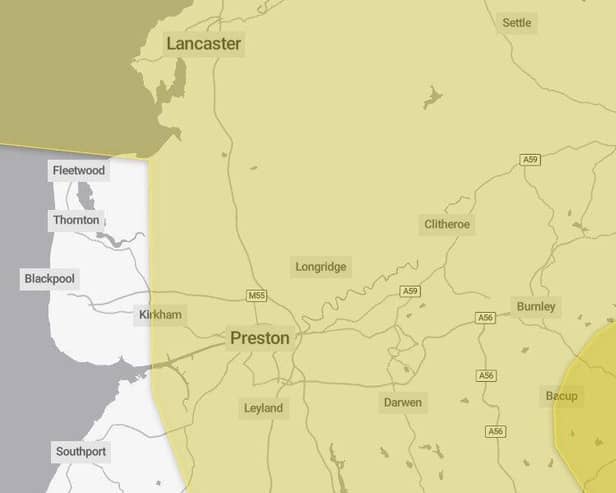 The Met Office map showing the extent of the yellow weather warning in place from 5pm Sunday until 12noon Monday (image: Met Office)