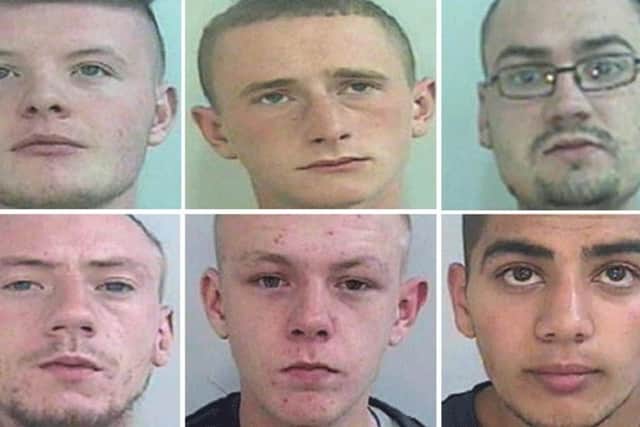 (From top left): Arron Graham, Owen Whitesmith, Craig Walton, (and from bottom left) Stephen Walton, Joshua Bore and Zaahid Patel were sentenced to minimum jail terms from 20 to 29 years