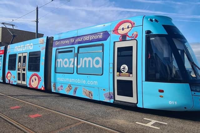 The new Mazuma Mobile liveried tram at the Starr Gate depot in Blackpool
