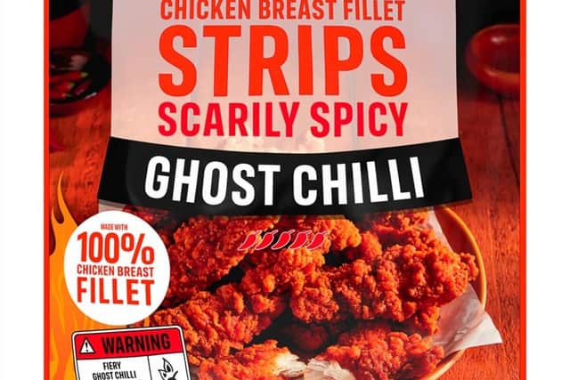 Iceland chicken breast fillet strips scarily spicy ghost chilli.