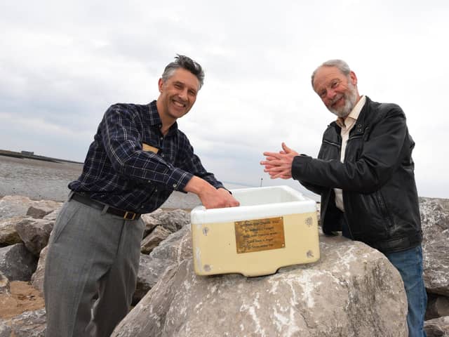Artist Anthony Padgett, left, and local historian Peter Wade at the official unveiling of the 'Kitchen Sink Drama' sculpture.