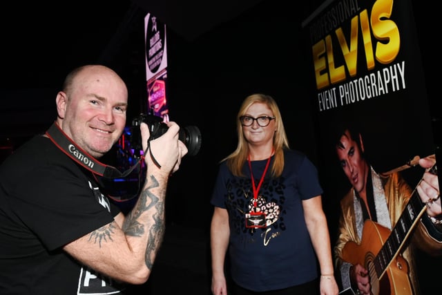 Photographer Mark Shuttleworth taking photographs of Elvis fan Lisa Thornborrow at The Great British Elvis Tribute Artist contest and Ultimate Elvis qualifier, a three day event held at Viva, Blackpool.