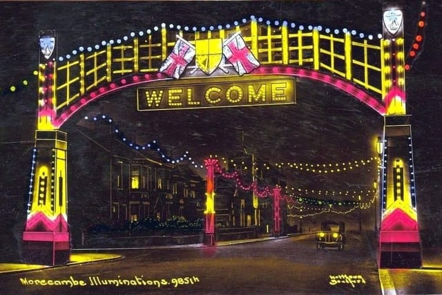 The gateway to Morecambe Illuminations (unknown date). Note the style of the car about to drive under the gateway. Picture courtesy of Mac D McAllister