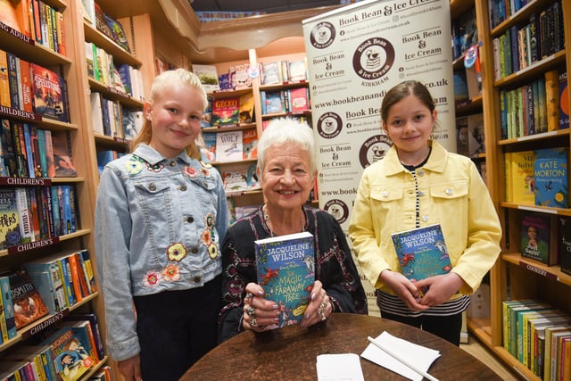 Author Jacqueline Wilson at Book, Bean and Ice Cream in Kirkham with Olivia Justice and Jamila Patel.