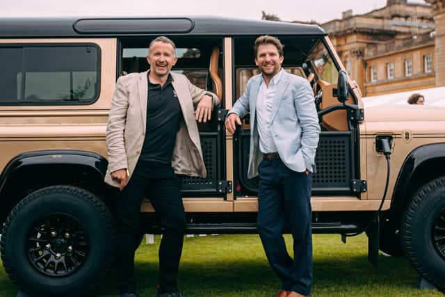AVA founder Norman Crowley with Stuart and AVAs Croxford Defender,  which won ‘Off-Roader of the Year’ at the 2022 GQ eCar Awards.
