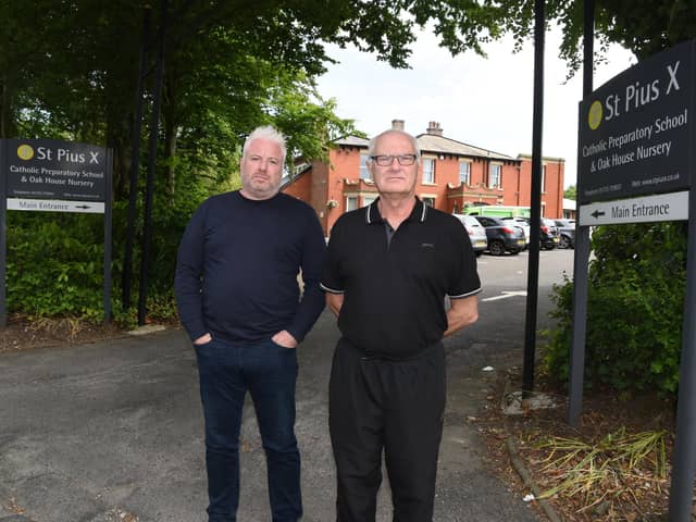 St Pius X school in Fulwood has reportedly exposed former staff to asbestos. Pictured: former caretakers Ben Hodges and Stephen Pickthall.
