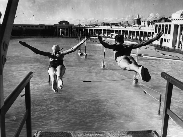 Swallow diving at the stunning South Shore Outdoor Swimming baths, 1930s style