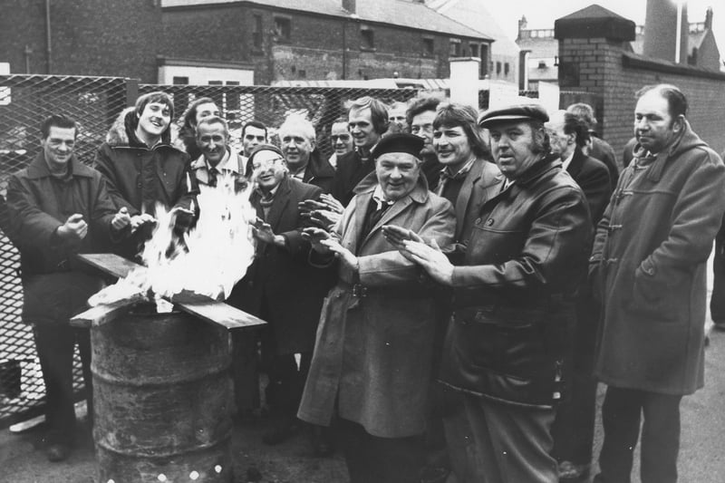 Trade unionists on strike at the Preston Council depot in Argyll Road keep warm on the picket line during the Winter of Discontent, January 22, 1979
