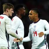 Cameron Archer celebrates with Anthony Gordon after scoring England Under-21s third goal against Albania