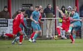 From the left, Jack Hazlehurst, Mike Calveley and Ollie Shenton in the thick of the action during Chorley's FA Trophy win over Hythe Town last weekend (photo: David Airey/dia_Images)