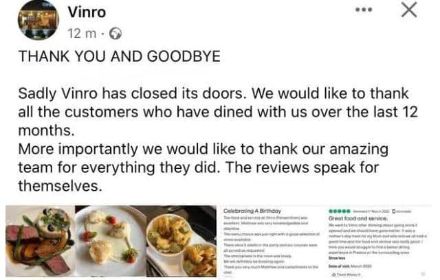 The fine dining restaurant made the announcement on Facebook on Monday - the post has since been deleted