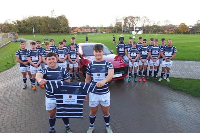 The Kirkham Grammar School first XV celebrate the sponsorship by Porsche Centre, Preston.