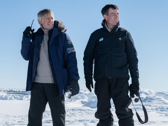 Falklands Maritime Heritage Trust of Menson Bound, Director of Exploration of Endurance22 expedition (left) and John Shears, Expedition Leader, on the sea ice of Weddell Sea, in the Antarctic with S.A. Agulhas II, during the expedition to find the wreck of Endurance.