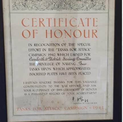 An official certificate dated 1942 showing that Carnforth had raised sufficient funds to pay for two tanks.
