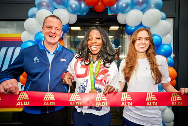 Aldi Tarleton near Preston grand opening Store Manager Tony Breen and Team GB Athlete: Anyika Onoura  retired British sprint track and field athlete and SportsAid Athlete: Adelaide Barnes GB Taekwondo