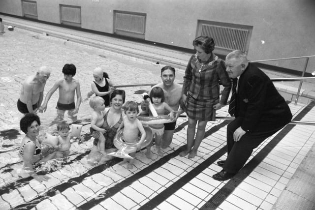 The Mayor of Preston, Coun Ian Hall, taking a dip in Saul Street municipal baths' new £12,000 learner pool, after officially declaring it open. The pool is named after baths superintendent Tom Aldridge who started work with the authority almost 40 years ago