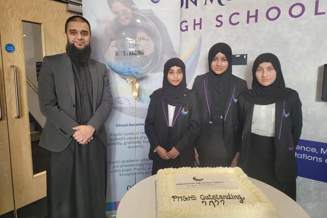 Staff and pupils at Preston Muslim Girls High School celebrate their latest outstanding Ofsted report.