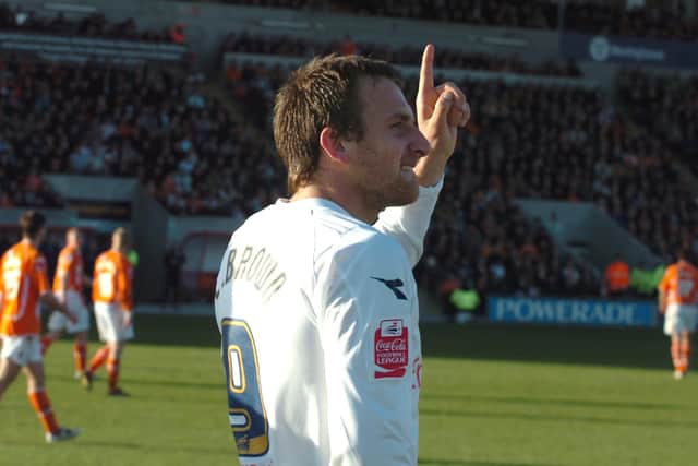 Chris Brown celebrates his equaliser for Preston North End against Blackpool at Bloomfield Road.