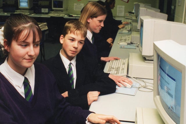 Pupils from All Hallows RC High School in 1995 hard at work on computers in the technology suite