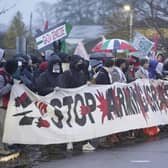 Protesters form a blockade outside Eaton mission systems in Wimborne near Bournemouth (Credit: Andrew Matthews/PA Wire)