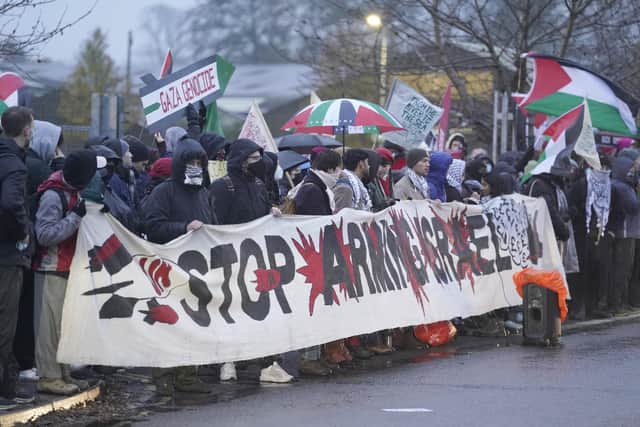Protesters form a blockade outside Eaton mission systems in Wimborne near Bournemouth (Credit: Andrew Matthews/PA Wire)