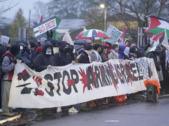 Protesters form a blockade outside Eaton mission systems in Wimborne near Bournemouth (Credit: Andrew Matthews/PA Wire)