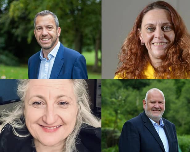 [Clockwise from top left]:  Cllr Alistair Bradley (Labour leader of Chorley Council), Jenny Hurley (Trade Unionist and Socialist Coalition), Cllr Alan Cullens (Conservative opposition group leader) and Olga Gomez-Cash (Chorley Green Party).