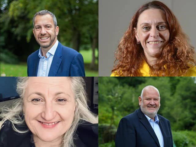 [Clockwise from top left]:  Cllr Alistair Bradley (Labour leader of Chorley Council), Jenny Hurley (Trade Unionist and Socialist Coalition), Cllr Alan Cullens (Conservative opposition group leader) and Olga Gomez-Cash (Chorley Green Party).