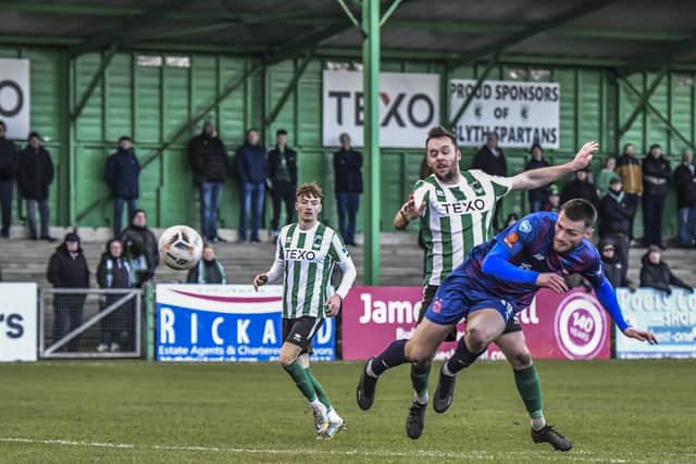 Luke Charman, tries his luck with a flicked on header. Photos: Steve McLellan