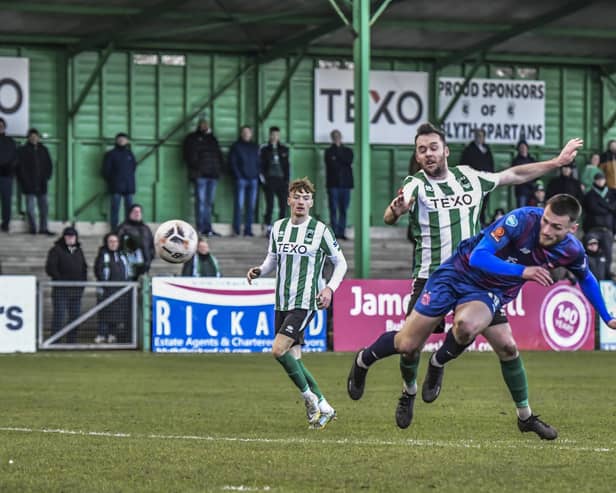 Luke Charman, tries his luck with a flicked on header. Photos: Steve McLellan