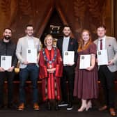 Amanda Waring, Master of the Furniture Makers’ Company, with some of the winners of the Furniture Ma. Photo: Appeal PR