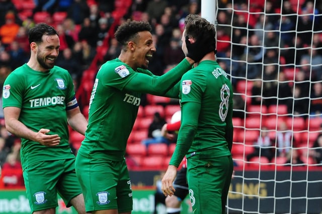 Preston North End's Alan Browne celebrates scoring the opening goal with team-mates Callum Robinson and Greg Cunningham
